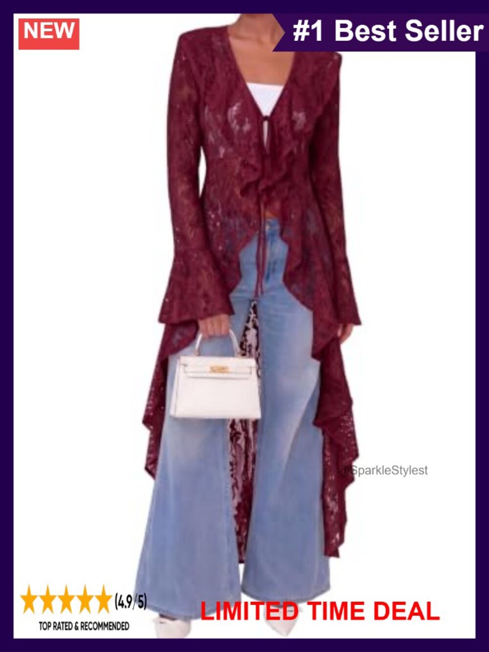 Lace Cardigan Maxi Lightweight Open Front Tie Bell Sleeve Ruffled Duster